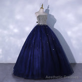 Blue Sequins and Beaded Ball Gown Tulle Lace-up Formal Dress,Blue Evening Dress Party Dresses